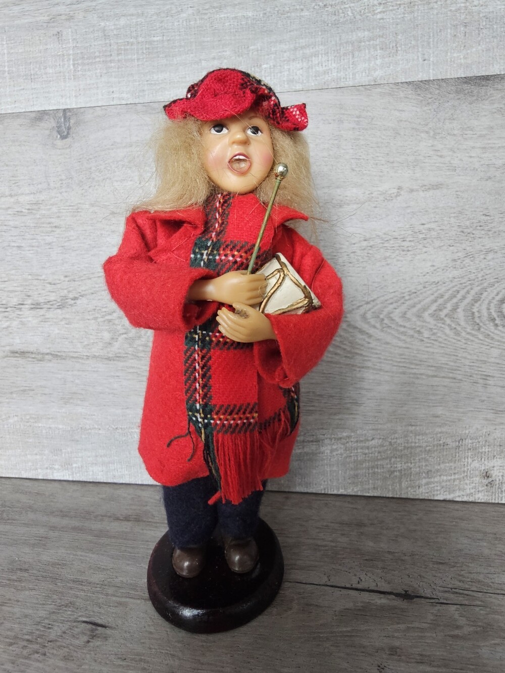 Christmas Caroler Figure VTG Handmade Clothing Wood Pedestals Winter Music Drum